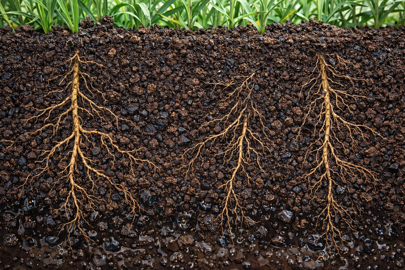 Biochar-amended soil showing improved structure, moisture retention, and healthy root growth Biochar-amended soil showing improved structure, moisture retention, and healthy root growth